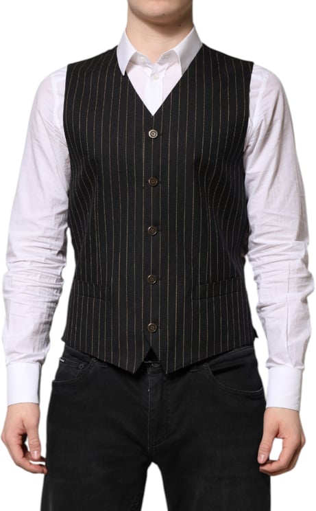 Dolce & Gabbana Dolce & Gabbana Black Stripes Wool Formal Men Waistcoat Vest