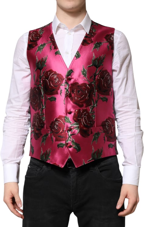 Dolce & Gabbana Dolce & Gabbana Pink Floral Satin Formal Men Waistcoat Vest