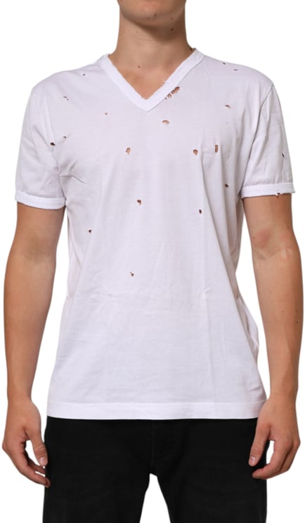 Dolce & Gabbana Dolce & Gabbana White Distressed Cotton V Neck Men T-shirt