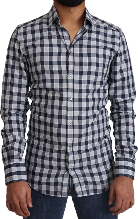 Dolce & Gabbana Dolce & Gabbana Blue White Check Cotton Slim Fit GOLD Shirt