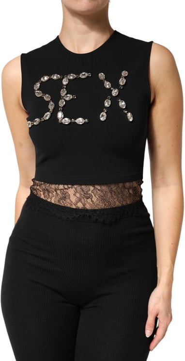 Dolce & Gabbana Dolce & Gabbana Black Jersey Lace Ruching Rhinestone Tank Top