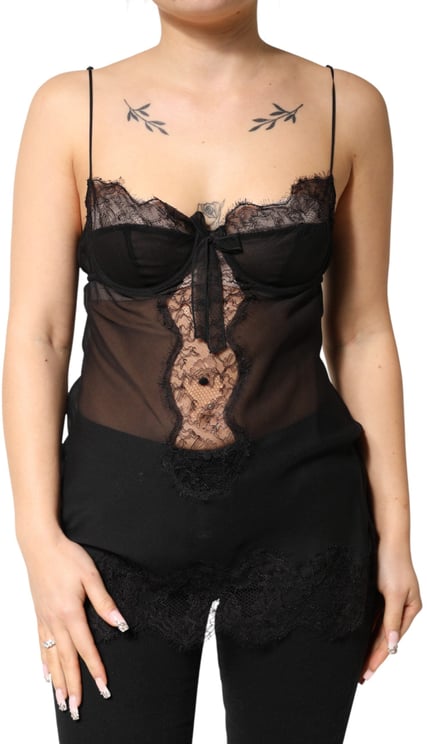 Dolce & Gabbana Dolce & Gabbana Black Silk Floral Lace Chemise Lingerie Top