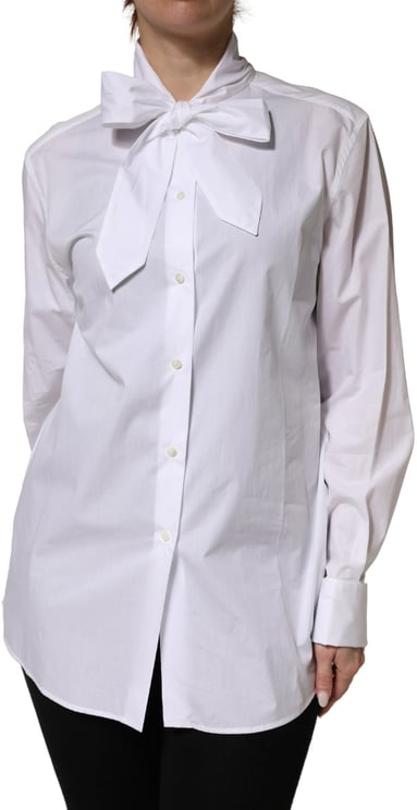 Dolce & Gabbana Dolce & Gabbana White Cotton Bow Tie Long Sleeves Blouse Top