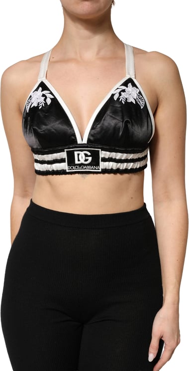 Dolce & Gabbana Dolce & Gabbana Black Floral Silk Satin Crop Logo Bralette Top