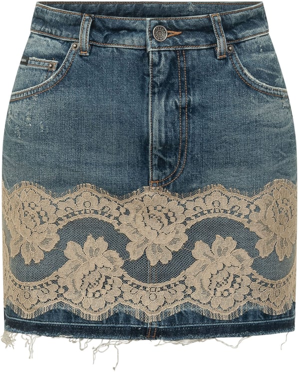 Dolce & Gabbana Gonna 5 Tasche in Denim con Inserto in Pizzo