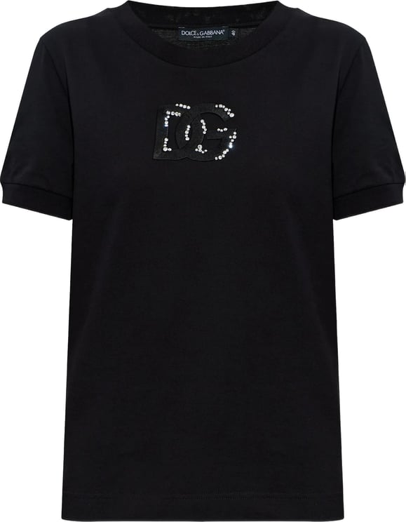 Dolce & Gabbana Black Cotton Rhinestone Embellished Logo T-Shirt