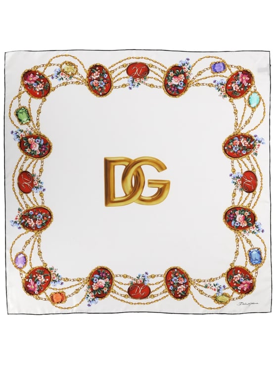 Dolce & Gabbana White Silk Gold Chains Scarf