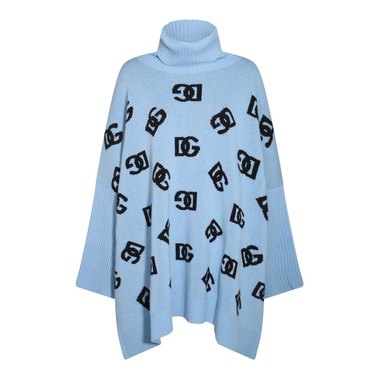 Dolce & Gabbana Light Blue Wool Dress With High Collar And Flared Silhouette