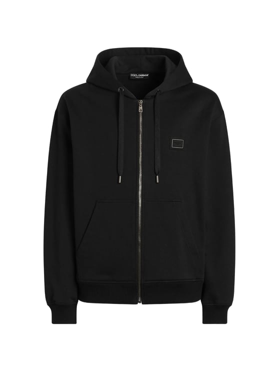 Dolce & Gabbana Black Cotton Drawstring Zip-Up Hoodie
