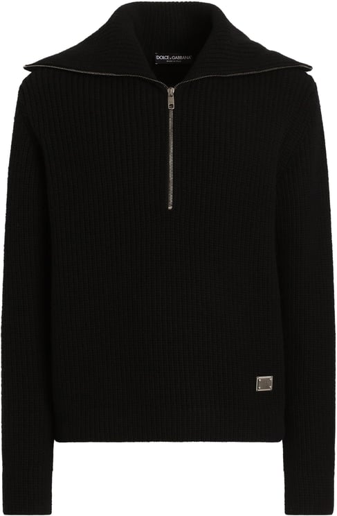 Dolce & Gabbana Black Ribbed Knit Half-Zip Wool Pullover