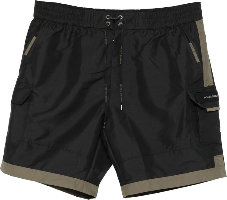 Dolce & Gabbana Black Mid-Length Olive Trim Utility Shorts