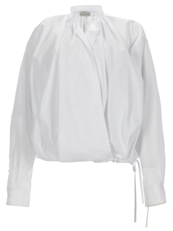 Dries van Noten Neutral Cenver Gathered Ruffle Cotton Blouse