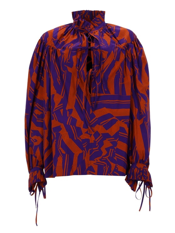 Dries van Noten Abstract Cotton High Neck Blouse