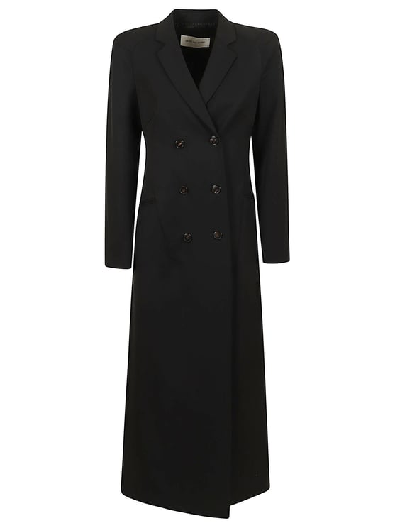 Dries van Noten Fitted Black Double-Breasted Wool Coat with Contrasting Buttons