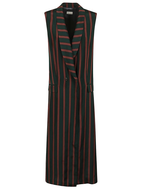 Dries van Noten Sleeveless Striped Satin Long Coat with Peak Lapels