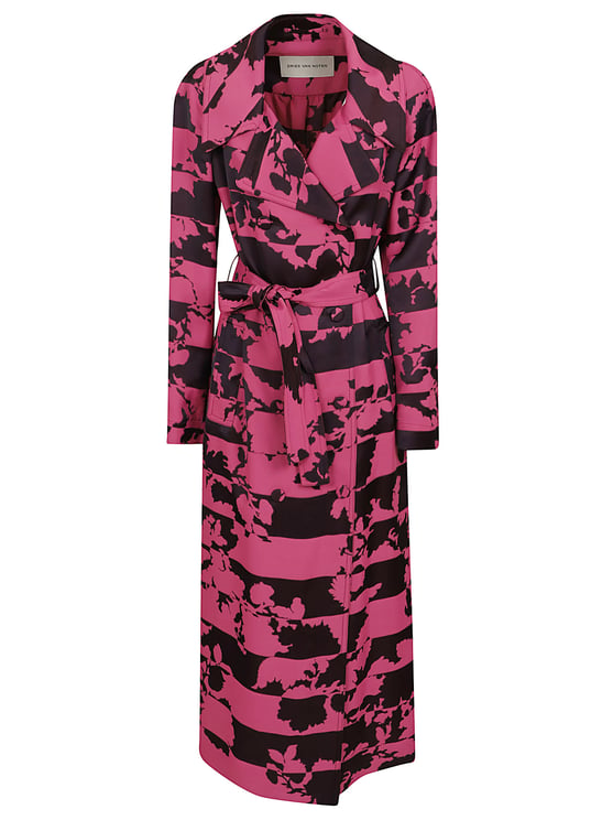 Dries van Noten Abstract Floral Printed Midi Trench Coat with Belt