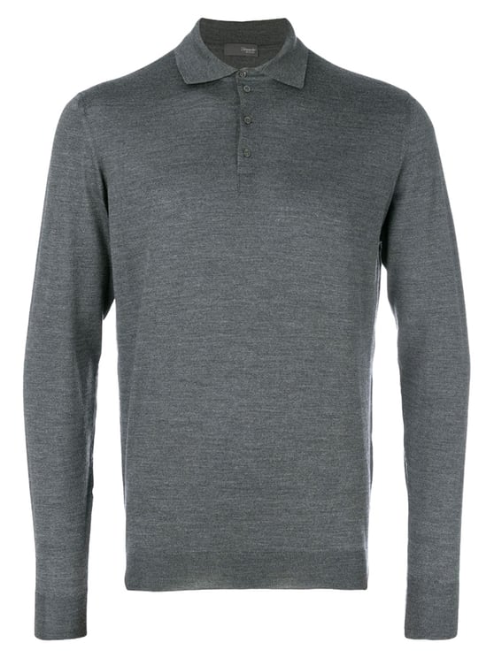 Drumohr Grey Long-Sleeved Merino Wool Polo Shirt