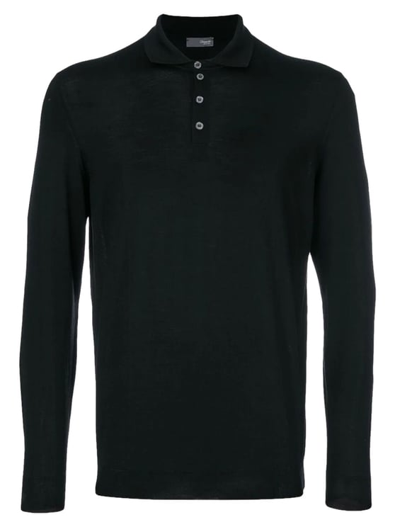 Drumohr Black Long-Sleeved Wool Polo Shirt