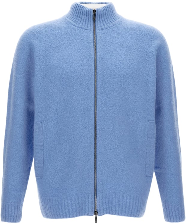Drumohr Brushed Virgin Wool Cardigan With High Knit Collar And Zip Closure