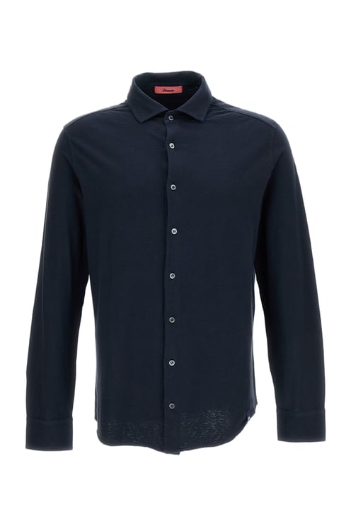 Drumohr Blue Cotton-Linen Spread Collar Casual Shirt