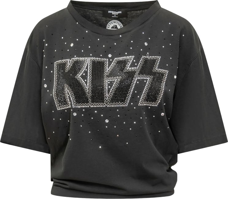 Dsquared2 Cropped Black Studded Kiss Graphic T-Shirt
