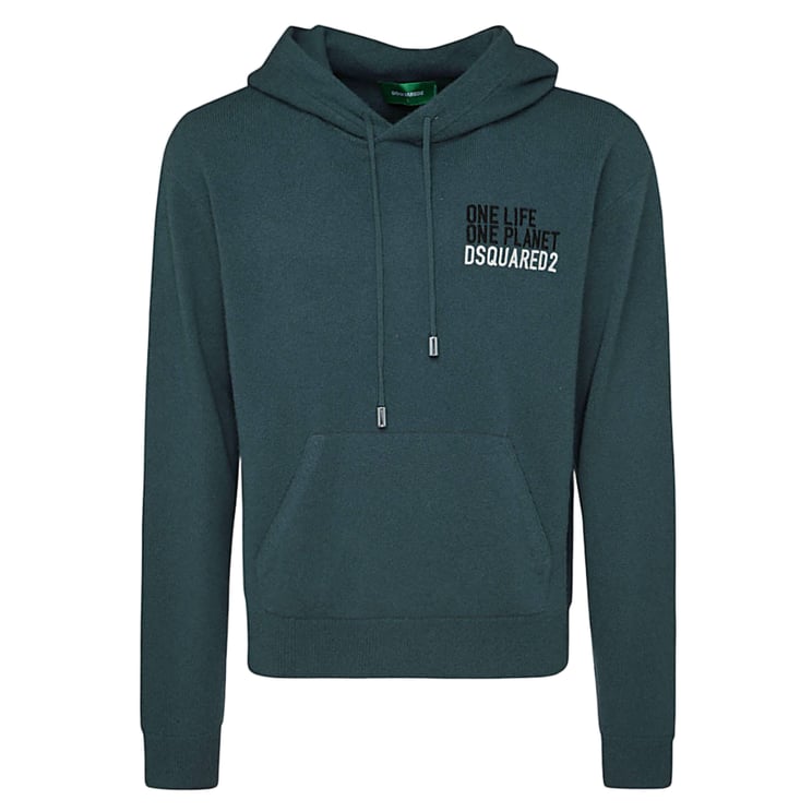 Dsquared2 Dark Green Hooded Sweater with Front Kangaroo Pocket and Printed Design