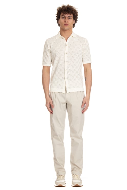 Eleventy Short-Sleeved White Checkered Polo Shirt with Mother-of-Pearl Buttons