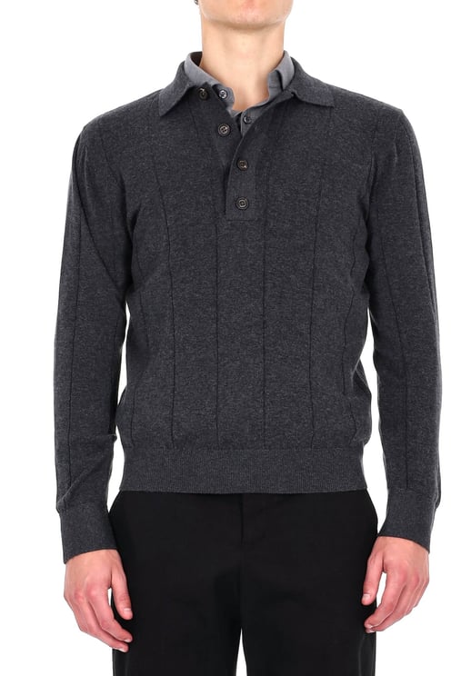 Eleventy Cotton-Cashmere Blend Long Sleeve Polo with Horn Buttons