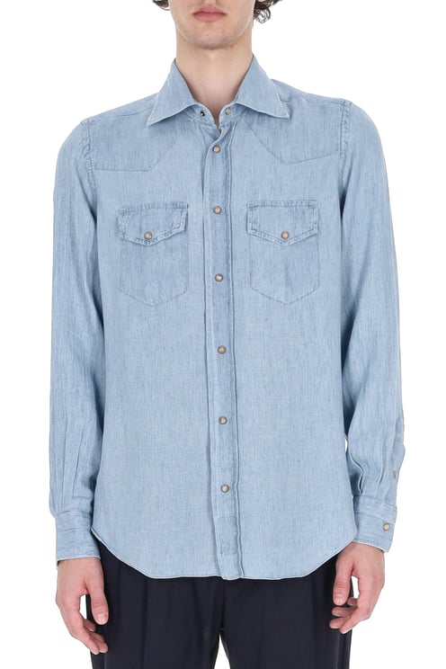 Eleventy Texas Denim Lyocell-Linen Casual Shirt
