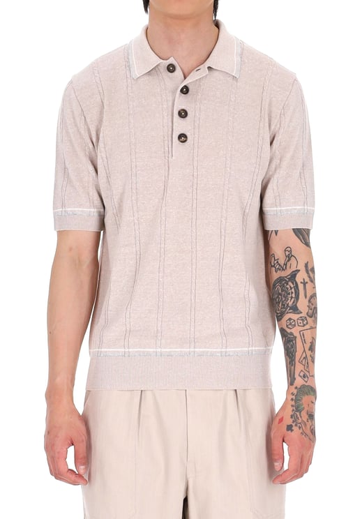 Eleventy Beige Cable-Knit Linen-Cotton Polo Shirt