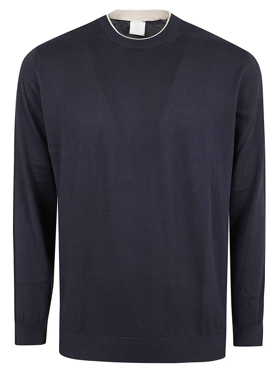 Eleventy Minimal Blue Cotton Crew Neck Sweater with Contrasting Trim