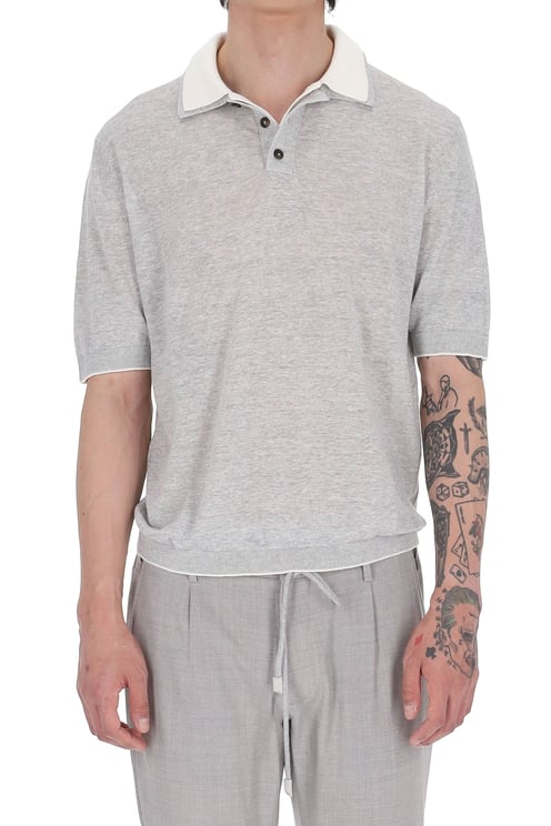 Eleventy Grey Linen-Cotton-Cashmere Double-Collar Polo Shirt