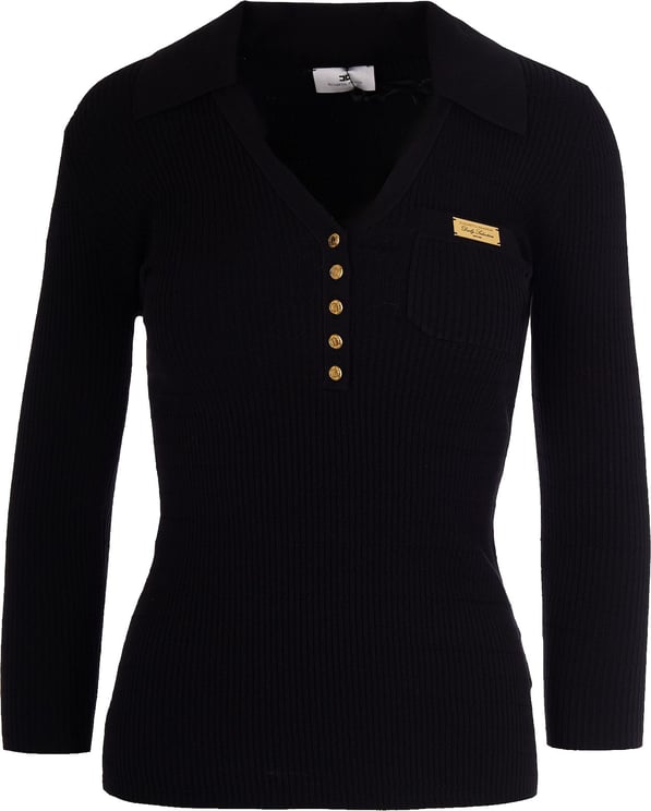 Elisabetta Franchi Black Ribbed Sweater With Pocket