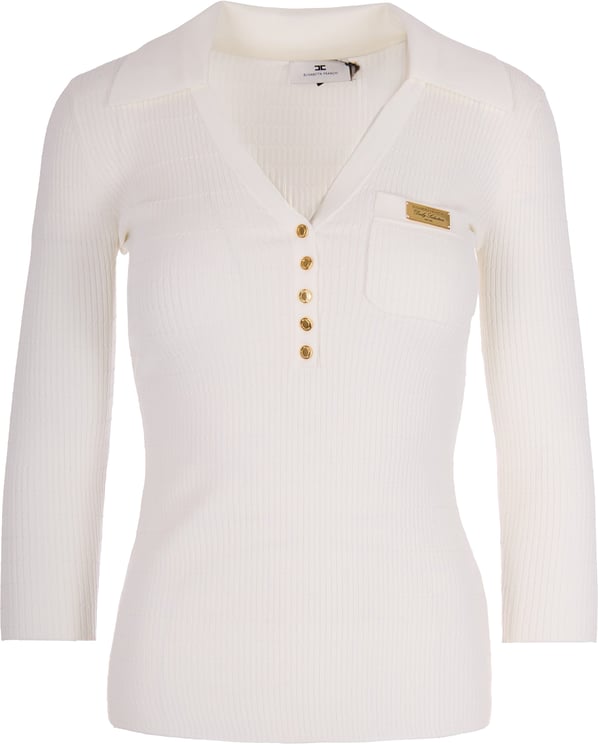 Elisabetta Franchi Ivory Ribbed Sweater With Pocket