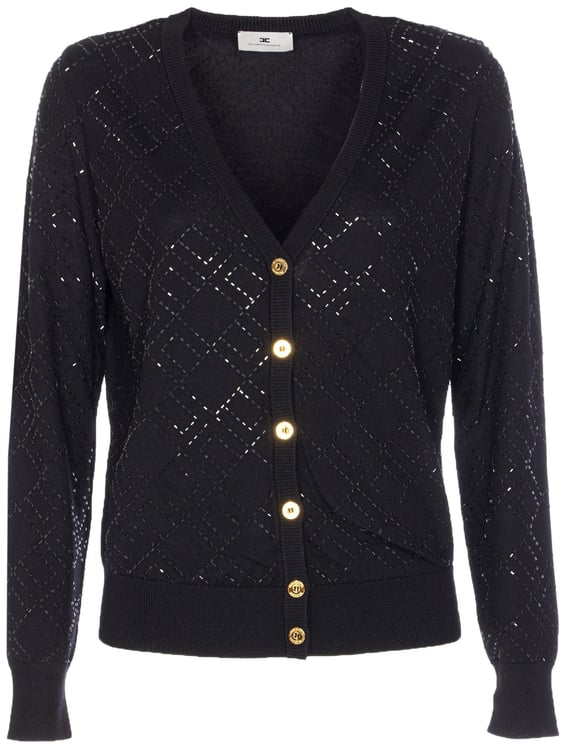 Elisabetta Franchi Diamond-Pattern Black V-Neck Knit Cardigan