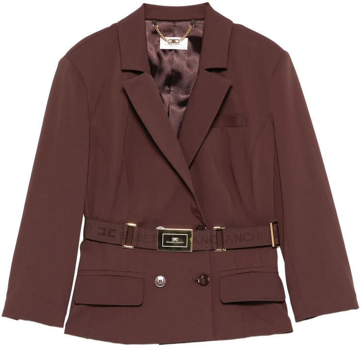 Elisabetta Franchi Double-Breasted Tailored Brown Belted Jacket