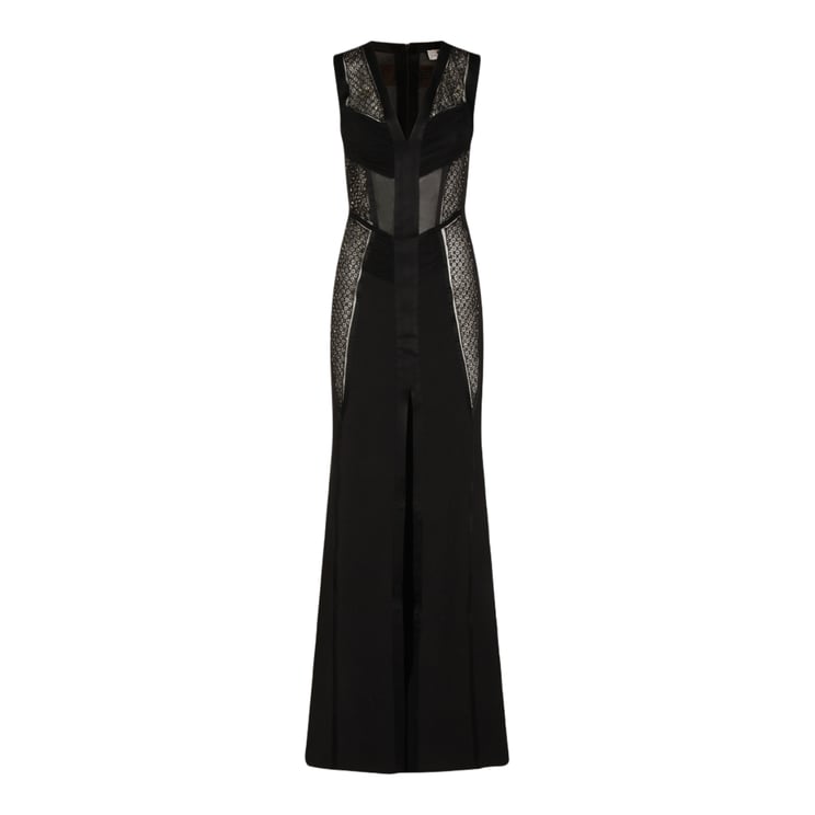 Elisabetta Franchi Long Sleeveless Dress With Geometric Lace Details And Sheer Mesh Panels