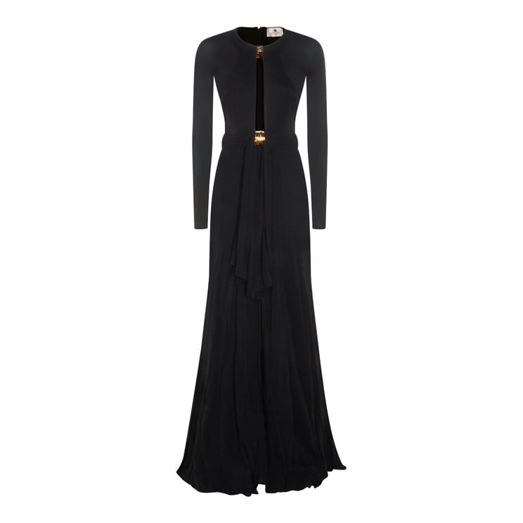 Elisabetta Franchi Long Black Maxi Dress with Draped Detail and Gold Hardware