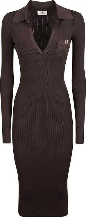 Elisabetta Franchi Long Sleeve V Neck Midi Dress Brown