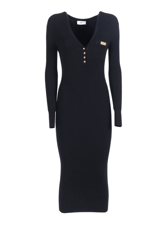 Elisabetta Franchi Knee-Length Fitted Knit Dress with V-Neck