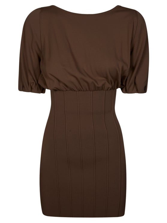 Elisabetta Franchi Rich Brown Puffed Sleeve Mini Dress