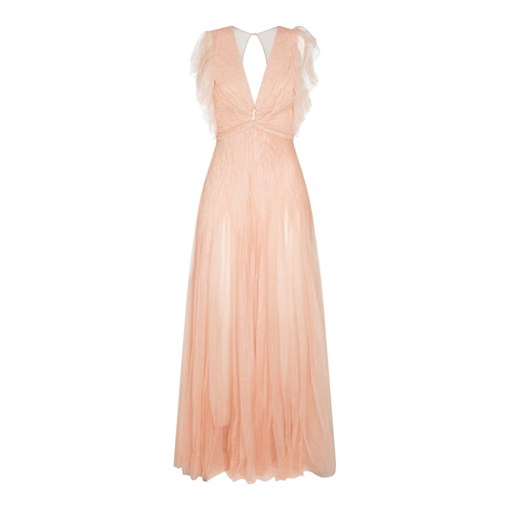 Elisabetta Franchi Nude Long Dress With Deep V Neckline And Tulle Inserts
