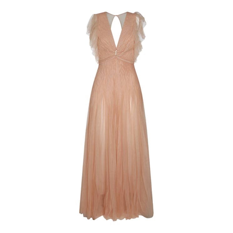 Elisabetta Franchi Floor-Length Dress With Deep V-Neckline And Ruffled Cap Sleeves