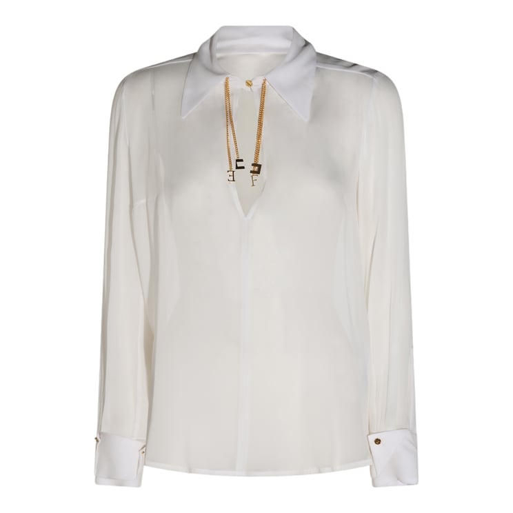Elisabetta Franchi White Sheer Long-Sleeved Gold Chain Blouse