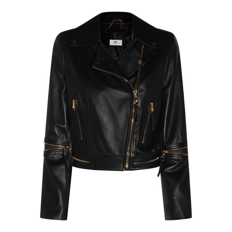 Elisabetta Franchi Fitted Black Leather Jacket with Asymmetrical Zipper