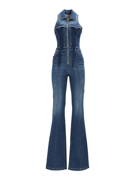 Elisabetta Franchi Fitted Bodice Ruched Denim Jumpsuit