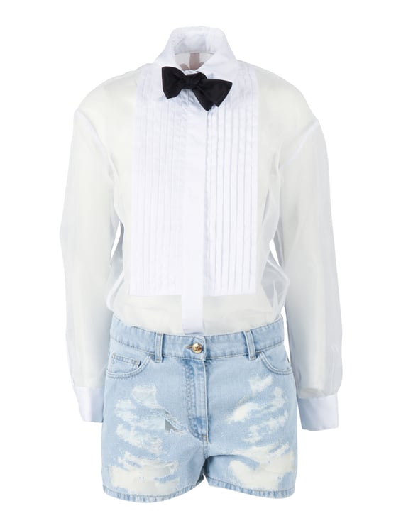 Elisabetta Franchi White Blouse Distressed Denim Jumpsuit
