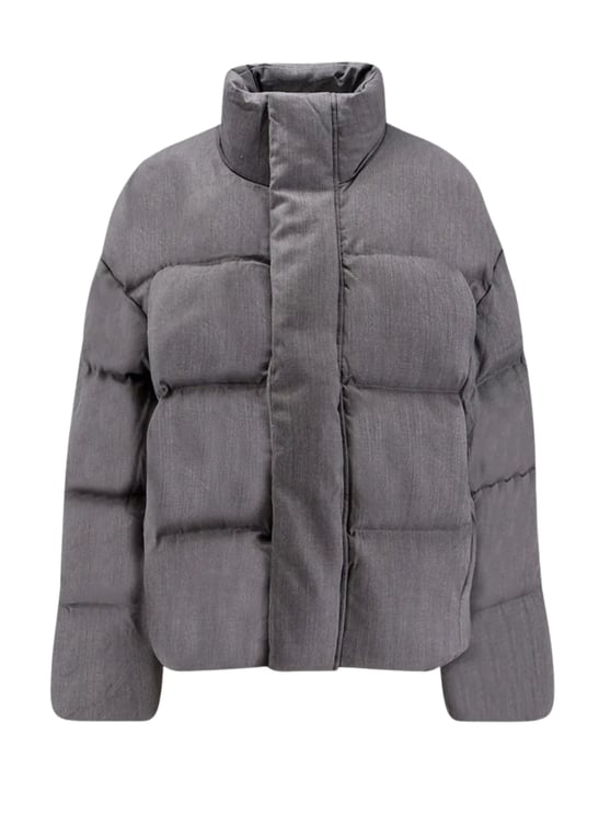 Entire Studios Boxy Cropped Grey Down Jacket With Concealed Closure And Textured Fabric