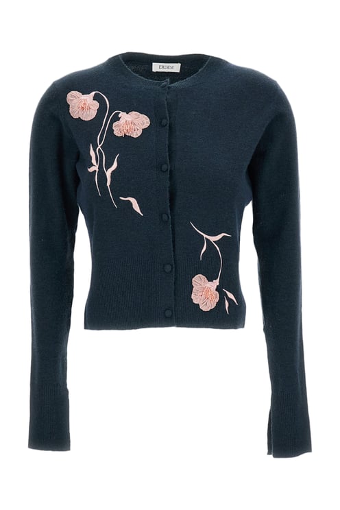 Erdem Floral-Embroidered Fitted Cardigan in Wool-Cashmere Blend