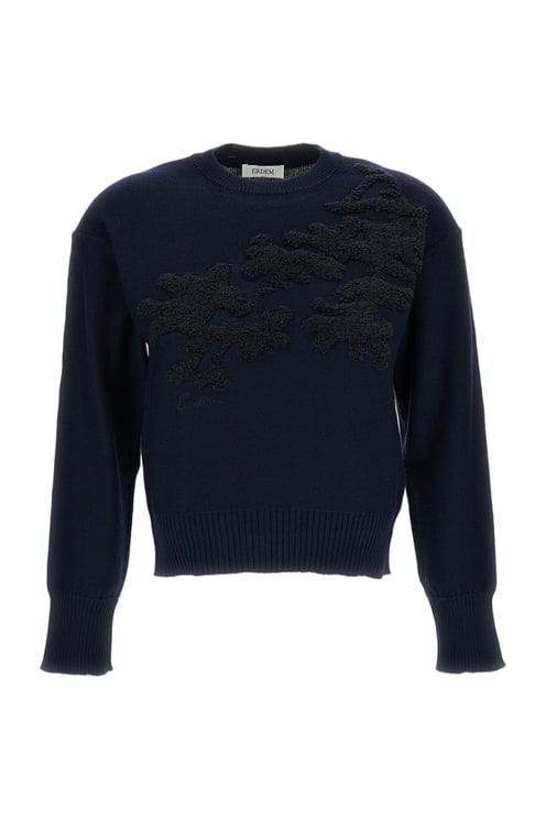 Erdem Cropped Crewneck Jumper in Extra Fine Merino Wool with Jacquard Floral Motifs